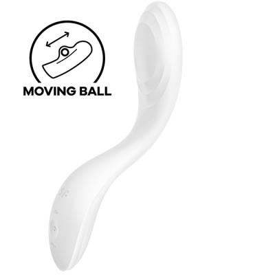 Produto branco curvo com botão e ícone de esfera móvel com texto MOVING BALL