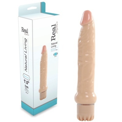 Vibrador cor de pele com embalagem branca e texto Real Natural Living