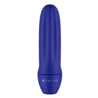 Vibrador azul de silicone com textura estriada e base arredondada com texto