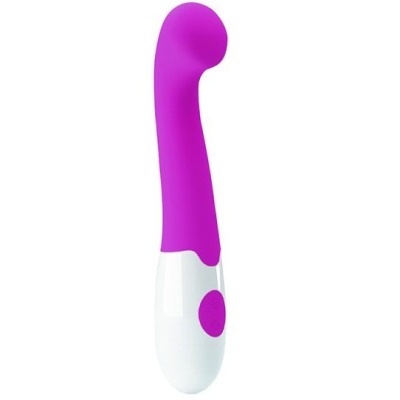 Vibrador roxo com base branca e botão roxo