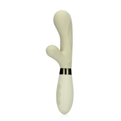 Vibrador branco suave com duas extensões e botão de controlo prateado