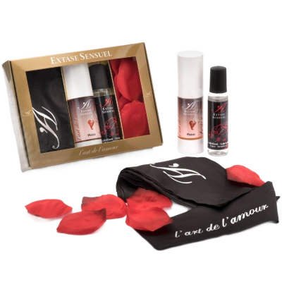 Conjunto de cosméticos e tecido preto com pétalas vermelhas