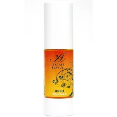 Frasco branco com rótulo amarelo e laranja com óleo quente Hot Oil Pina Colada