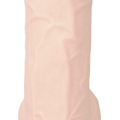 Dildo anatómico bege claro com textura detalhada e base com ventosa.