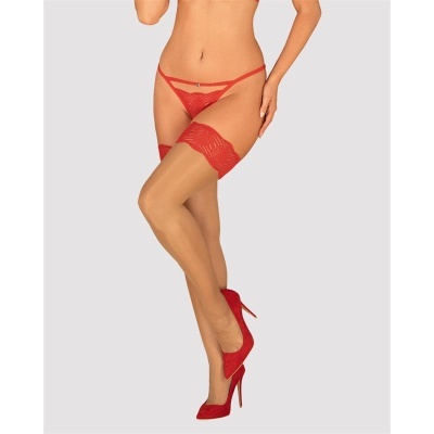 Lingerie vermelha com meias cor da pele e sapatos vermelhos de salto alto