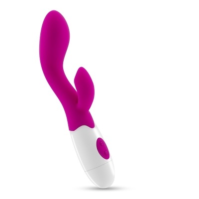 Vibrador rosa e branco com design curvo e botões de controlo.