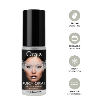 Frasco de spray bucal Orgie Juicy Oral com rótulo e ícones informativos ao lado