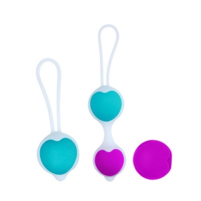 Bolas de Kegel em silicone azul e rosa com alças e estojo lilás