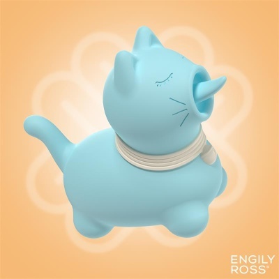 Figura decorativa de gato azul com chifre de unicórnio sobre fundo laranja
