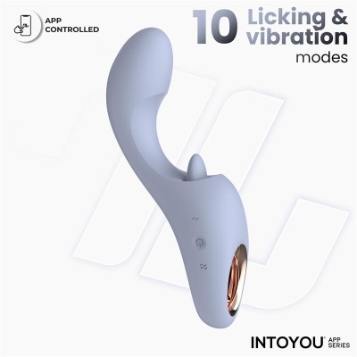 Vibrador azul claro com controlo por app e detalhe dourado