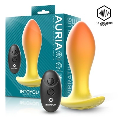 Plug anal vibratório amarelo e laranja com comando preto e caixa azul
