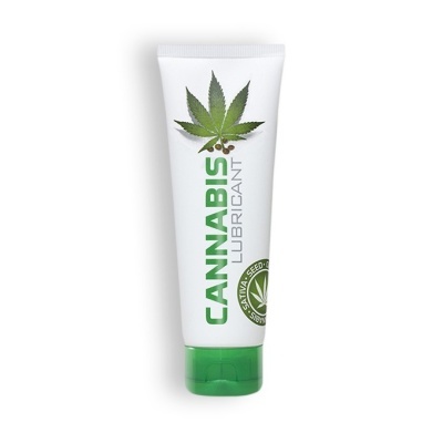Tubo branco com tampa verde e design de folha de cannabis e texto CANNABIS LUBRICANT