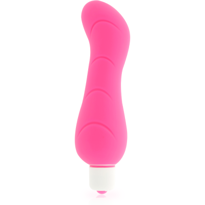 Vibrador cor-de-rosa em silicone com base branca e botão redondo cor-de-rosa