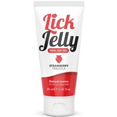 Frasco branco e vermelho de gel oral com aroma de morango