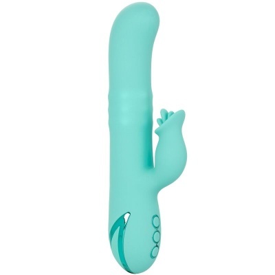 Vibrador azul turquesa com extensão lateral em forma de coelho e três botões redondos