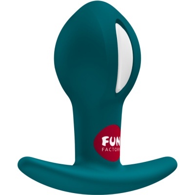 Plug anal azul de silicone com base larga e detalhe branco e etiqueta Fun Factory