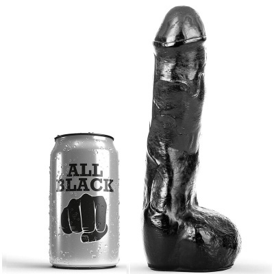 Lata prateada com texto ALL BLACK ao lado de objeto preto em forma fálica