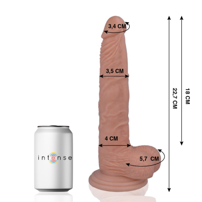 Dildo cor pele com medidas indicadas ao lado e lata com o texto intense