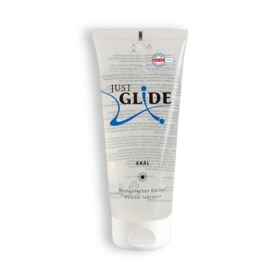 Frasco plástico transparente com lubrificante médico Just Glide Anal