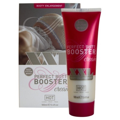 Creme para aumento de glúteos XXL em tubo vermelho e branco ao lado de caixa com imagem e texto.