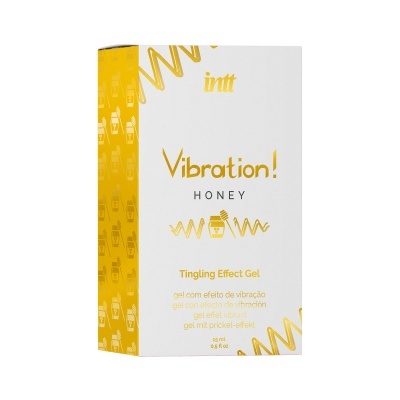 Embalagem branca e amarela com texto intt Vibration! HONEY e desenhos de potes de mel