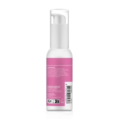 Frasco branco com doseador e rótulo rosa com texto branco de ingredientes e informações do fabricante
