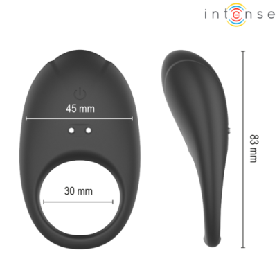 anel sexual preto com botão e luzes, vistas frontal e lateral, com medidas