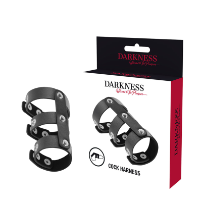 Cock harness preto com rebites em embalagem Darkness
