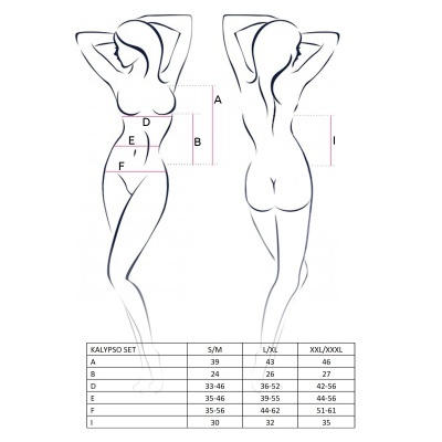 Esquema de medidas femininas com linha e tabela de tamanhos KALYPSO SET.