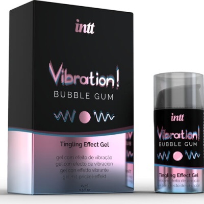 Gel Vibration! Bubble Gum com efeito formigueiro em frasco preto e rosa ao lado de caixa correspondente