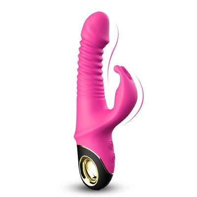 Vibrador rosa com base preta e dourada em fundo branco