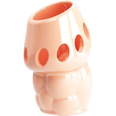 Recipiente de cerâmica cor de pêssego com janelas circulares