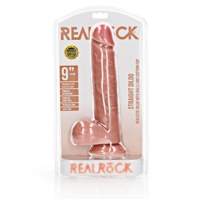 Dildo realista em embalagem com base de sucção e testículos