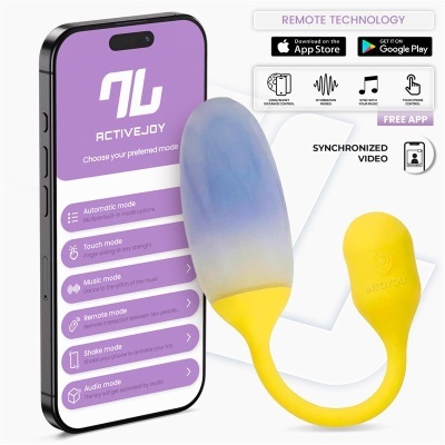 Dispositivo eletrónico amarillo e azul com smartphone a mostrar aplicação ACTIVEJOY