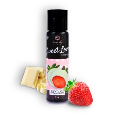 Frasco preto de gel com rótulo rosa, chocolate branco e morango fresco