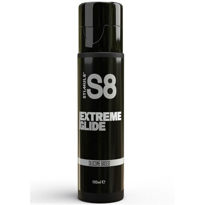 Frasco preto cilíndrico com tampa e texto branco STIMUL8 S8 EXTREME GLIDE.