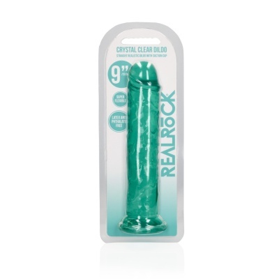 Dildo verde translúcido com ventosa em embalagem branca e azul