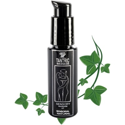 Frasco preto de óleo de massagem com texto branco e ilustração