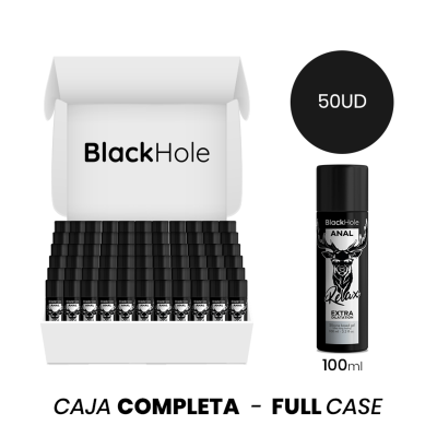 Frascos de lubrificante BlackHole ANÁL Relax Extra Dilatação organizados em caixa branca aberta com texto da marca