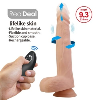 Dildo realista cor pele com comando remoto negro e texto descritivo ao lado