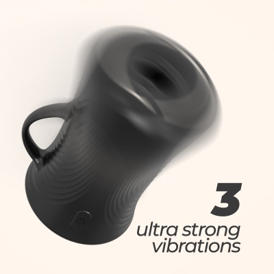 Imagem de um dispositivo preto vibratório em movimento com texto ultra strong vibrations e número 3