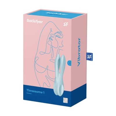 Embalagem rosa e azul de vibrador Satisfyer Threesome 1 com desenho de rosto e produto azul claro