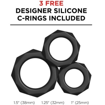 Três anéis de silicone negros de diferentes tamanhos com texto promocional acima