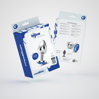 Embalagens azuis e brancas de plugues anais em metal com joia azul