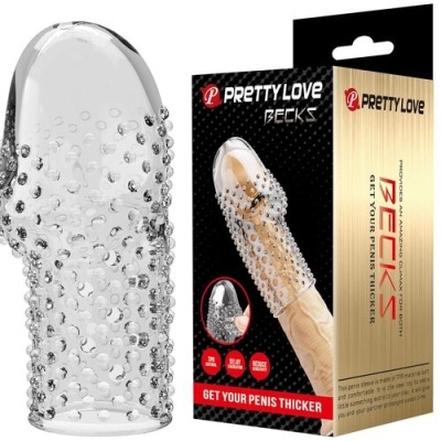 Extensor de pénis transparente com nódulos da marca Pretty Love BECKS e embalagem preta e dourada