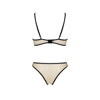 Conjunto de lingerie bege transparente com bordas pretas e alças pretas em fundo branco