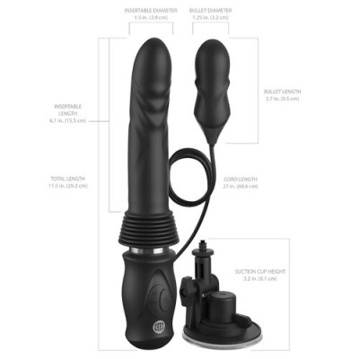 Produto vibrador preto com controle e ventosa, medidas indicadas