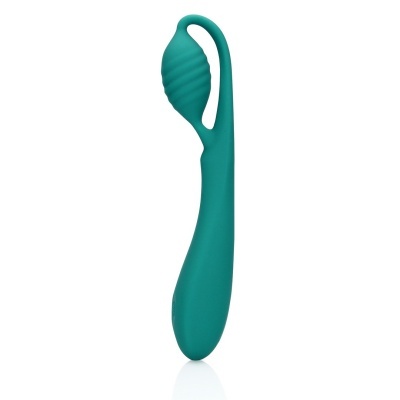 Vibrador azul-esverdeado com textura espiral em fundo branco