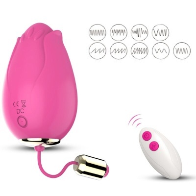 Vibrador rosa em forma de flor com controlo remoto e padrões de vibração ilustrados