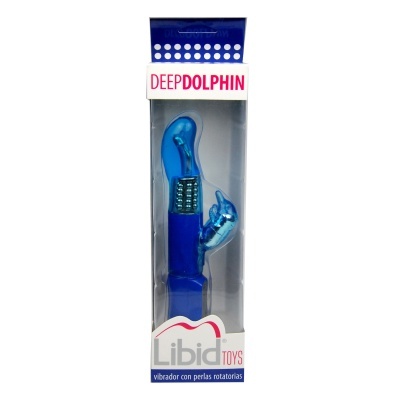 Vibrador azul transparente em caixa com texto DEEP DOLPHIN e Libid TOYS
